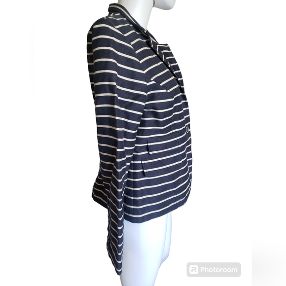 Banana Republic Womens Blazer Navy Blue With Ivory Stripe Italian Linen Sz10 - Picture 3 of 16